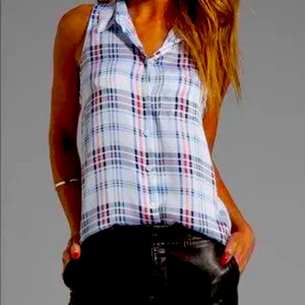 Equipment Plaid Silk Collar Button Up Femme Tank Top